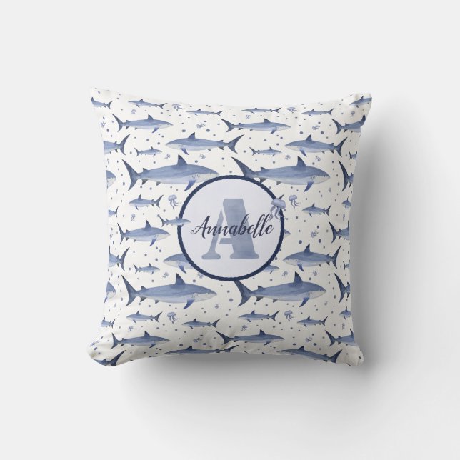 Coussin Nom + Aquarelle Monogram Requin Jellyfish | Blanc (Recto)