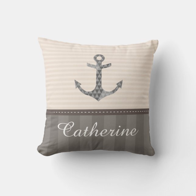 Coussin Nom beige et Brown nautique de coutume d'Ancre (Recto)