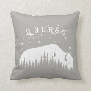 Coussin Nom Bison Buffalo Gris Blancs Étoiles Galaxy Lune