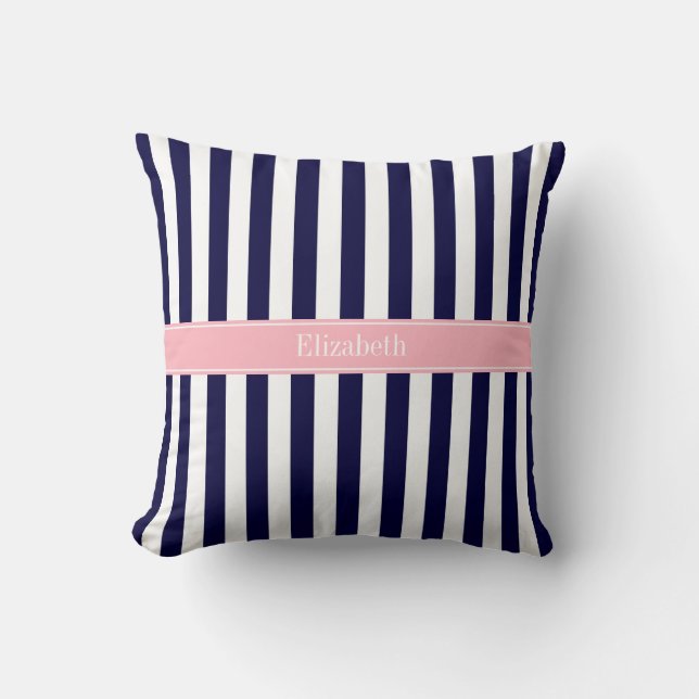 Coussin Nom bleu bleu bleu blanc rayure rose Monogramme (Recto)