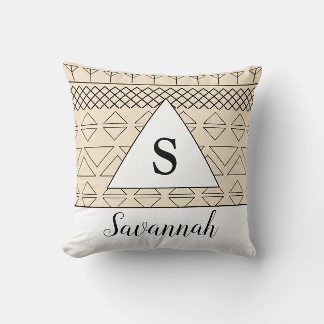 Coussin Nom brodé beige Impression de motif géométrique (Recto)