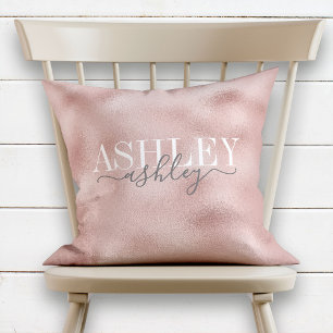 Coussin Nom Chic Monogram Rose Gold Grey Élégant
