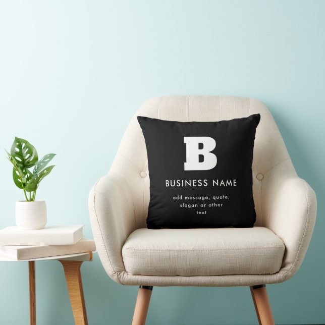 Coussin Nom commercial modifiable et Slogan | Noir & Blanc (Chaise)