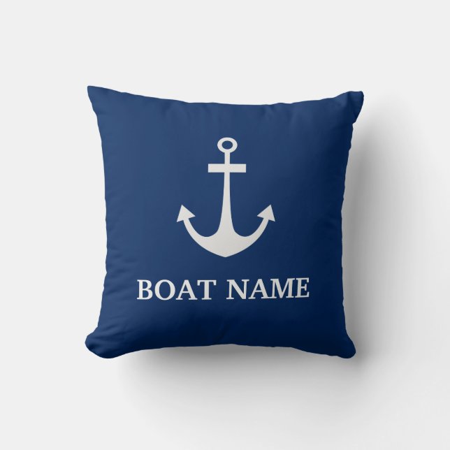 Coussin Nom de bateau à ancre nautique bleue (Recto)