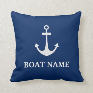 Coussin Nom de bateau à ancre nautique bleue