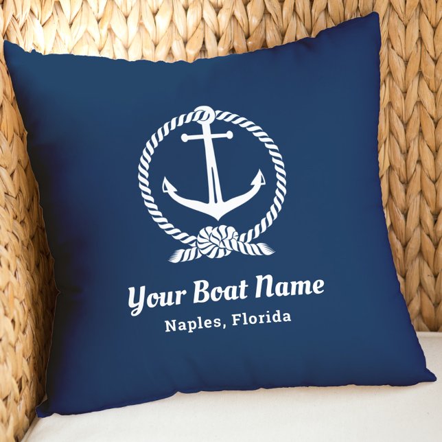 Coussin Nom de bateau à corde d'ancre bleue marine nautiqu (Créateur téléchargé)