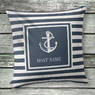 Coussin Nom de bateau à l'ancre nautique rayé bleu marine