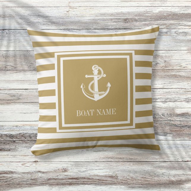 Coussin Nom de bateau ancre nautique rayé or (Nautical Anchor Boat Name Gold Striped Throw Pillow)