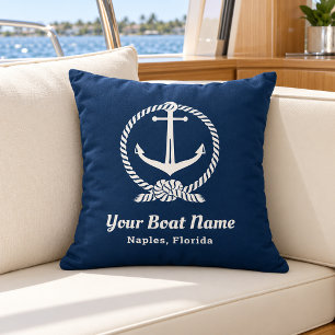 Coussin Nom de bateau corde d'ancre bleu marine nautique