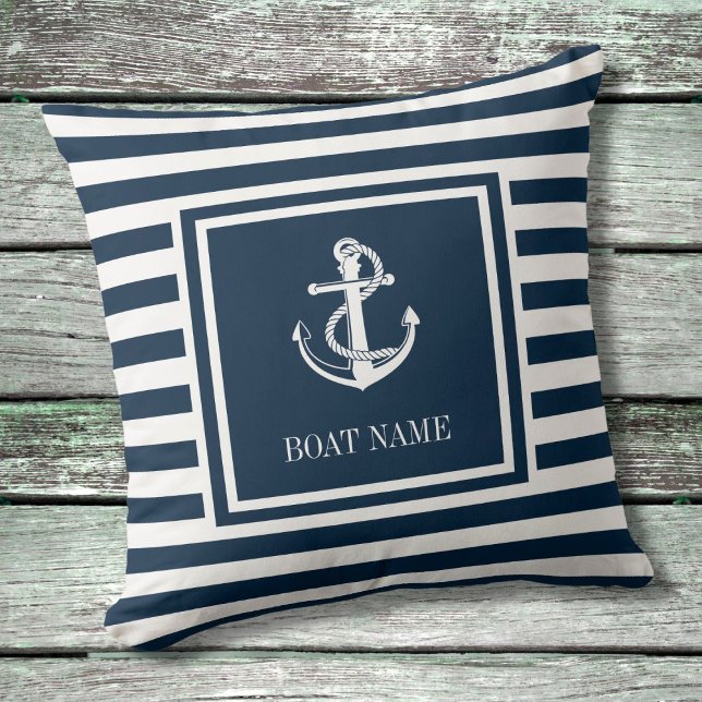 Coussin Nom de bateau d'ancre nautique rayé bleu marine (Créateur téléchargé)