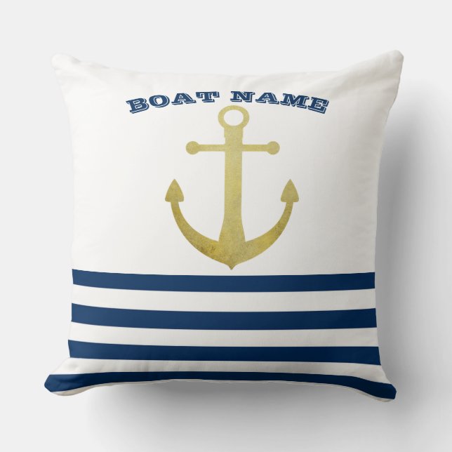 Coussin Nom de bateau nautique, Ancrage doré rayures bleu  (Recto)