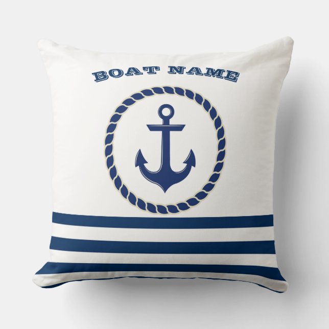 Coussin Nom de bateau nautique, ancre bleu marine rayé (Recto)