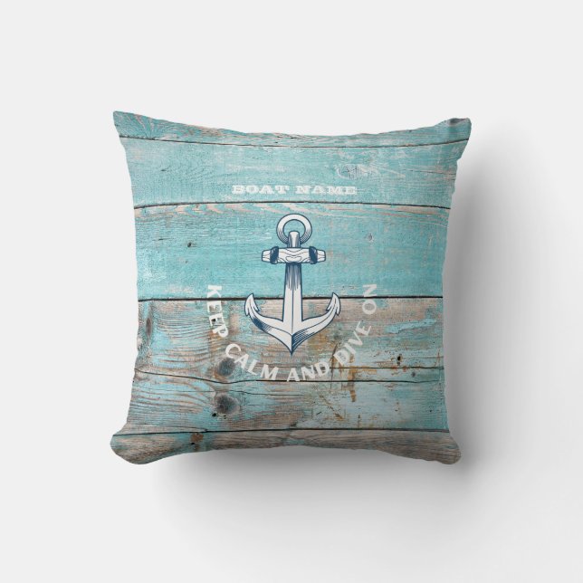 Coussin Nom de bateau nautique Ancre Bois rustique (Recto)