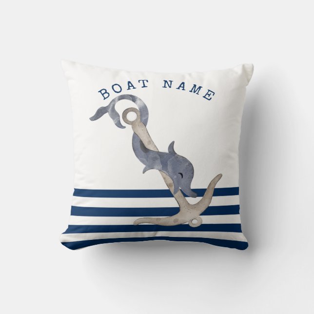 Coussin Nom de bateau nautique, Ancre Dauphin Rayé Bleu (Recto)