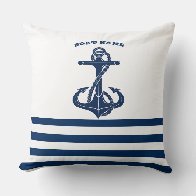 Coussin Nom de bateau nautique, Ancre rayures bleues marin (Recto)