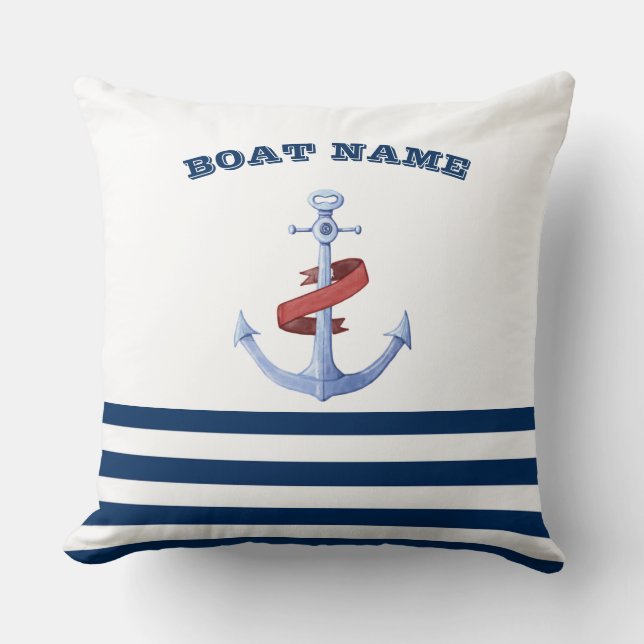 Coussin Nom de bateau nautique, bleu ancre marine rayé ble (Recto)