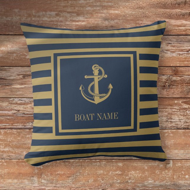 Coussin Nom de bateau nautique bleu marine et rayures doré (Nautical Boat Name Navy Blue And Gold Striped Throw Pillow)