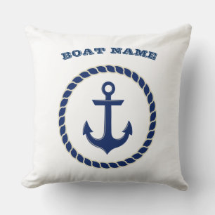 Coussin Nom de bateau nautique, corde, ancre rayé bleu mar