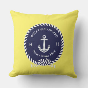 Coussin Nom de bateau nautique corde d'ancre bleu marine B