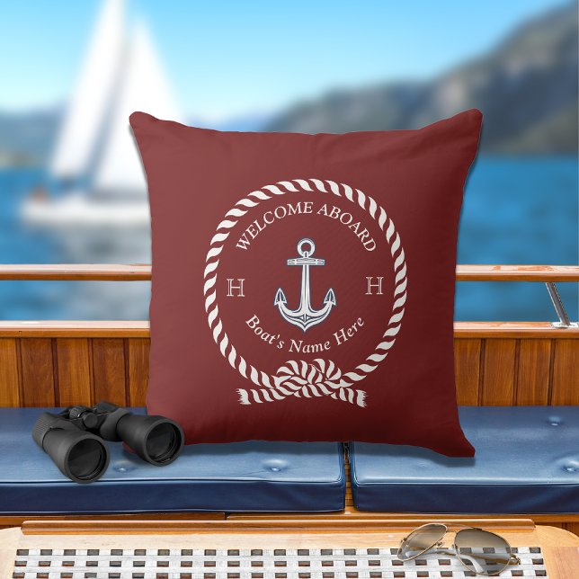 Coussin Nom de bateau nautique Corde d'ancre Marron Rouge  (Créateur téléchargé)