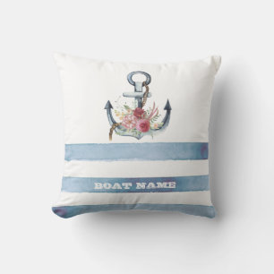 Coussin Nom de bateau nautique, fleurs d'ancre rayures