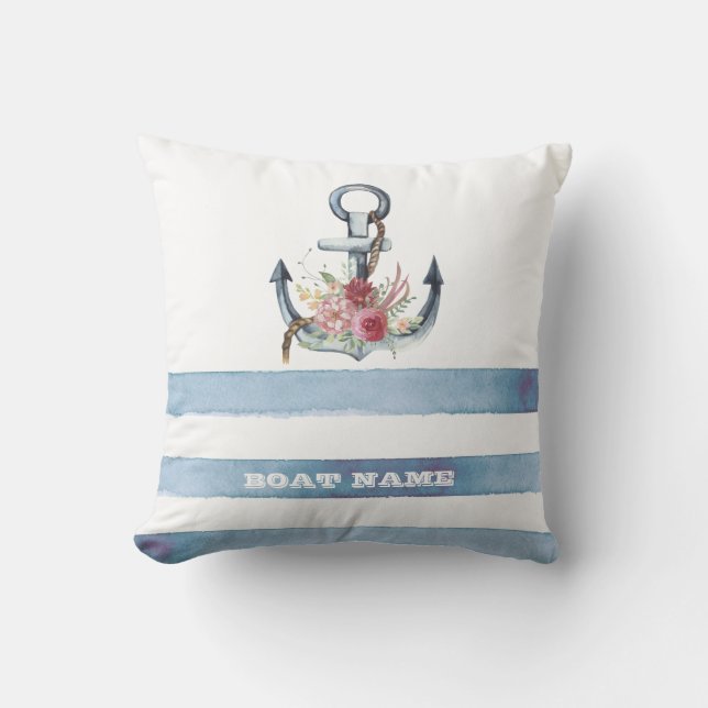 Coussin Nom de bateau nautique, fleurs d'ancre rayures (Recto)