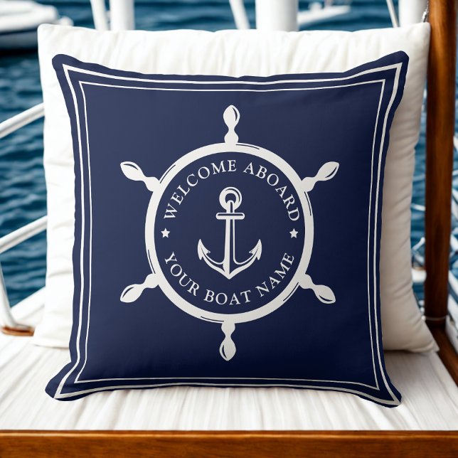 Coussin Nom de bateau nautique moderne Ancre Bienvenue à b (Modern Nautical Boat Name Anchor Welcome Aboard Throw Pillow)