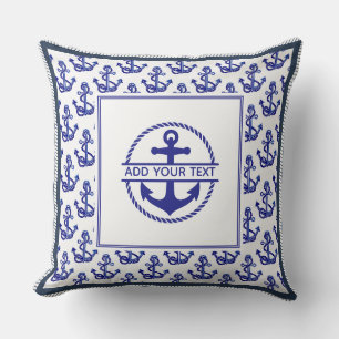 Coussin Nom de bateau nautique motif d'ancre bleu marine