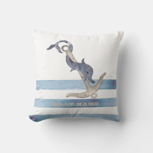 Coussin Nom de bateau nautique, rayures de dauphin d'ancre