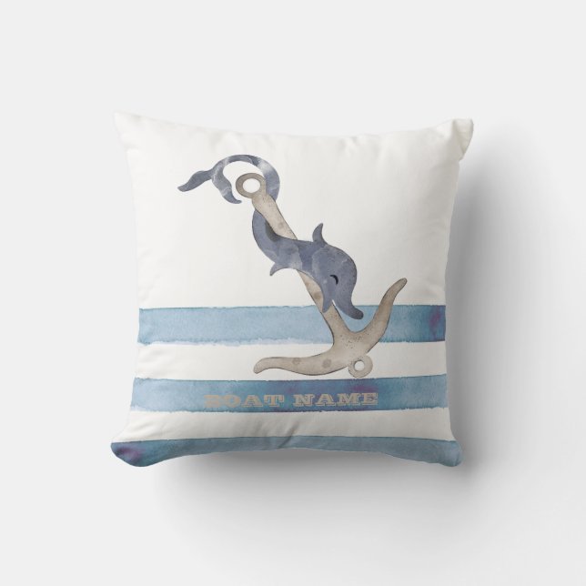 Coussin Nom de bateau nautique, rayures de dauphin d'ancre (Recto)