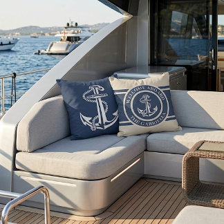 Coussin Nom de bateau personnalisé Ancre blanche sur beige