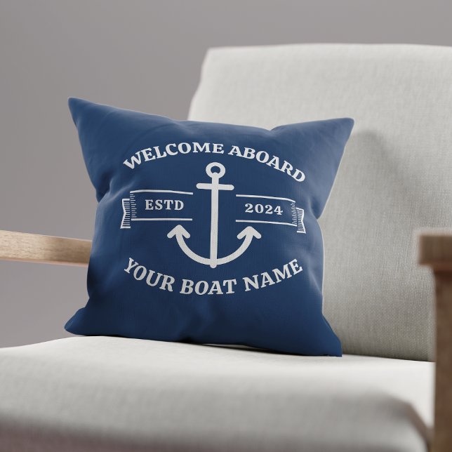 Coussin Nom de bateau personnalisé Bienvenue à bord Ancre  (Créateur téléchargé)