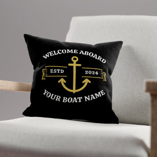 Coussin Nom de bateau personnalisé Bienvenue à bord Noir &