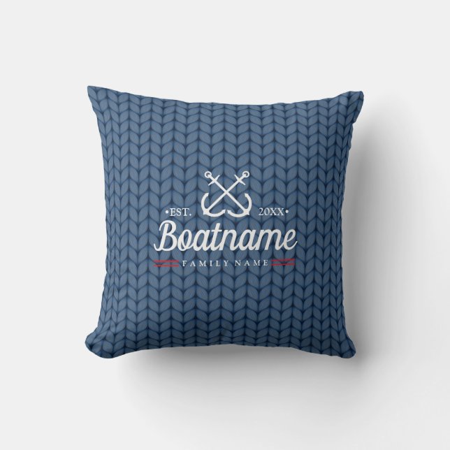 Coussin Nom de bateau personnalisé nautique Laine bleue (Recto)