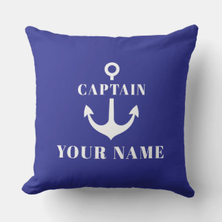 Coussin Nom de capitaine personnalisé Ancre Bleu Royal