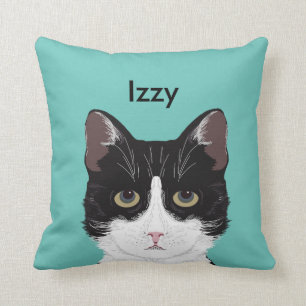 Coussin Nom de chat personnalisable - Chat Tuxedo noir et