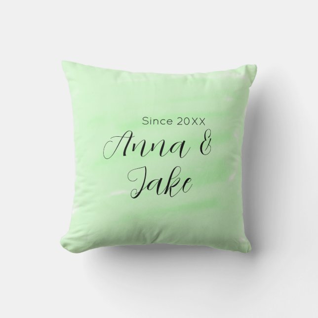 Coussin Nom de couple de mariage date aquarelle verte past (Recto)