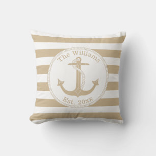 Coussin Nom de famille Ancres de marine Tan Blanc Rayures