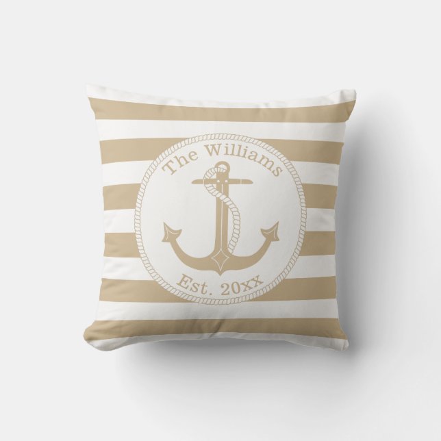 Coussin Nom de famille Ancres de marine Tan Blanc Rayures (Recto)