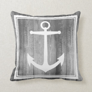 Coussin Nom de famille blanc du bois gris nautique d'Ancre