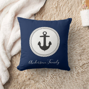 Coussin Nom de famille calligraphié Ancre Naútíque