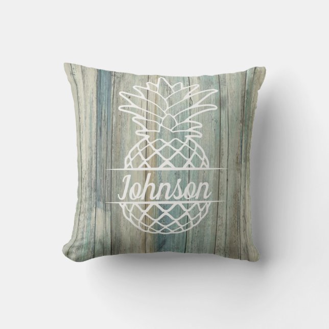 Coussin Nom de famille de l'ananas sur Rustic Wood Coastal (Recto)