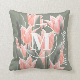 Coussin Nom De Famille Élégant Monogramme Peach Tulips P