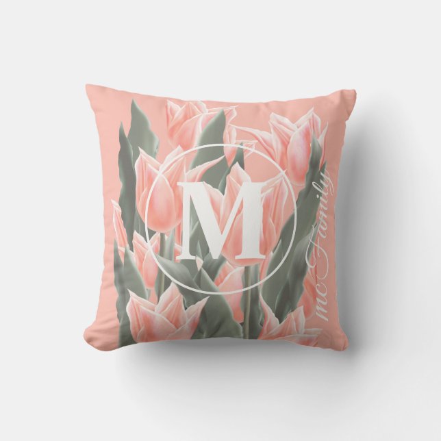 Coussin Nom de famille élégant Monogramme Peach Tulips Pei (Recto)