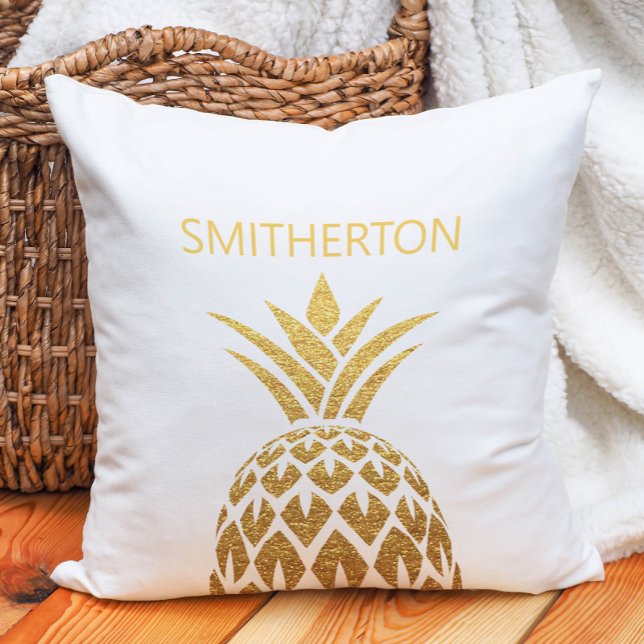 Coussin Nom de famille élégant or ananas blanc (White and gold pineapple family name pillow)