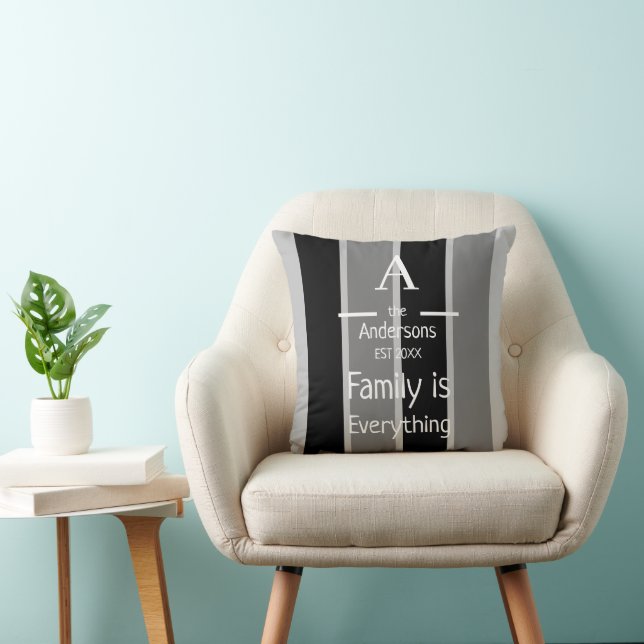 Coussin Nom de famille établi bandes noires et grises (Chaise)