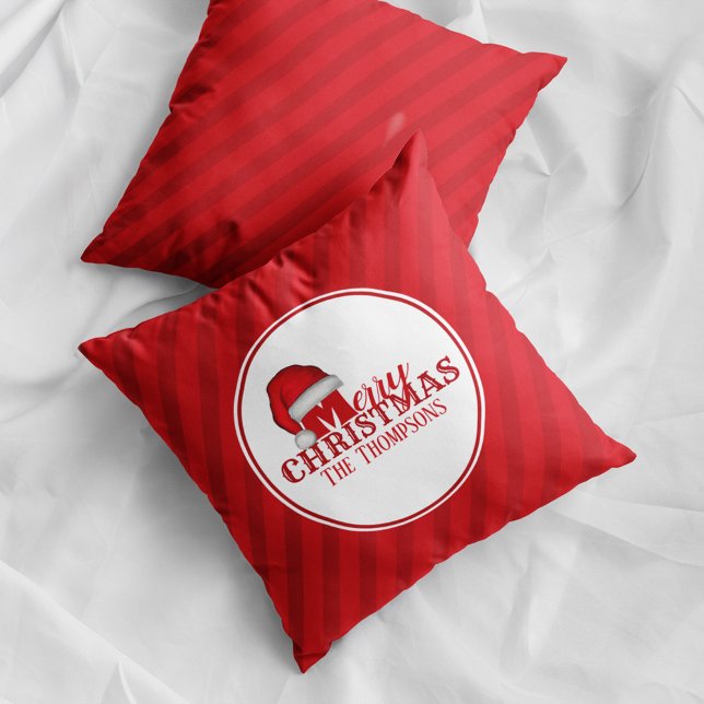 Coussin Nom de famille Joyeux Noël rayures rouges (Red striped Merry Christmas pillow with Santa hat and personalized family name festive holiday decor)