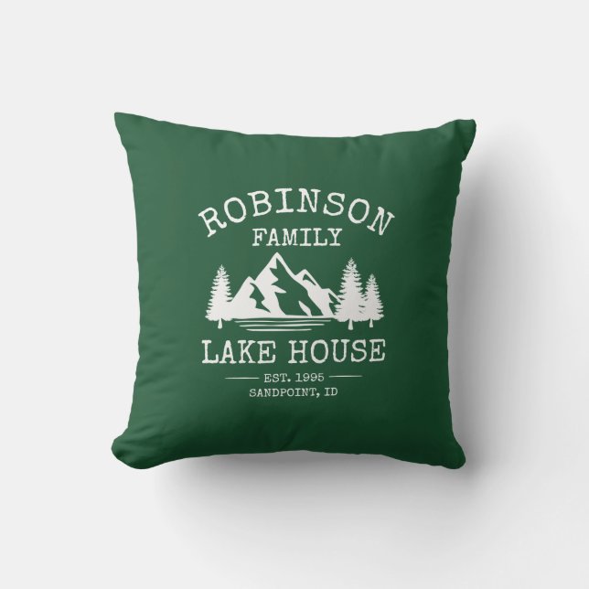 Coussin Nom de famille Lake House Trees Forest Green (Recto)