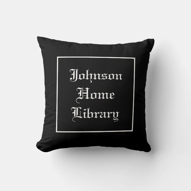 Coussin Nom de famille maison bibliothèque noir et blanc (Recto)