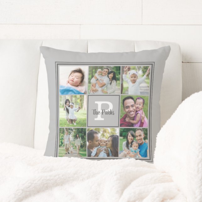 Coussin Nom de famille Monogramme 8 Photo Collage Gris (Créateur téléchargé)
